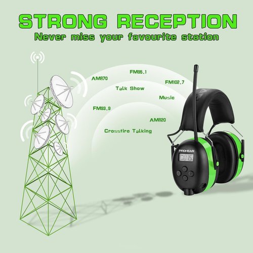PROHEAR 027 AM FM Radio Headphones with Digital Display, 25dB NRR, Safety Ear Protection Earmuffs for Mowing, Snowblowing, Construction, Work Shops - Green