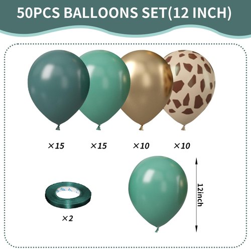 Dark Green Gold Balloons, 12 Inchs Olive Green Metallic Gold Animal Print Giraffe Balloons for Boys Safari Jungle Baby Shower Forest Wooland Birthday Wild One Party Decorations