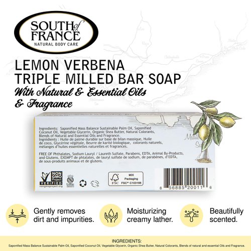 Lemon Verbena Clean Bar Soap by South of France Clean Body Care | Triple-Milled French Soap with Organic Shea Butter + Essential Oils | Vegan, Non-GMO Body Soap | 6 oz Bar ? 4 Pack