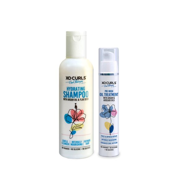 XO Curls 2 Pcs Combo Curl Therapy Range 9 Fl Oz | Hydrating Shampoo & Pre Wash Oil Treatment Combo | Frizz-Free | Soft Natural Curls | Argan Oil | Unisex Adult