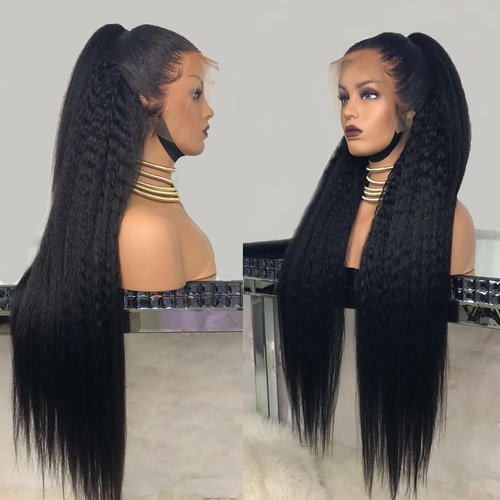 RETYUNG 26 Inch 13x6 Kinky Straight Lace Front Wigs Human Hair 180% Density Transparent Hd Lace Front Wigs Human Hair Yaki Straight Brazilian Virgin Human Hair Wigs For Women Natural Black