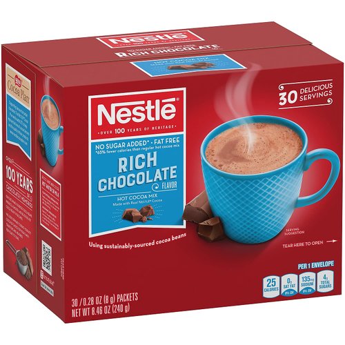 Nestle Hot Chocolate Packets, Hot Cocoa Mix, No Sugar Added and Fat Free, 30 Count (0.28 ounce Each)
