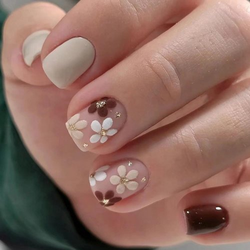 Fall Press on Nails Extra Short Square Fake Nails Autumn Flowers Designs False Nails Glossy Glue on Nails Brown Acrylic Nails Full Cover Small Stick on Nails for Women Nail Art Manicure 24 Pcs