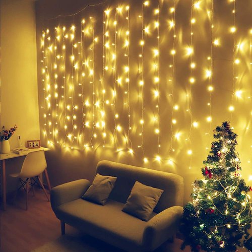 HEYFUNi Fiee Curtain Lights,13ftx6.5ft Safety Window Curtain Icicle String Lights 30V 8 Modes for Christmas Wedding Party Family Patio Lawn Decoration(Warm White)