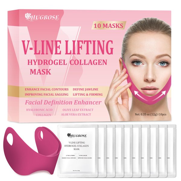 HUGROSE Double Chin Mask, V-LINE Lifting Mask, V Shape Face Tape Chin and Neck Mask for Skin Firming, Toning Hydrogel Collagen Face Mask with Hyaluronic Acid & Aloe Vera(10PCS)