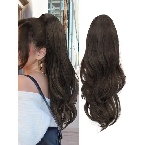 KooKaStyle Ponytail Extensions, 22 inch Dark Brown Long Drawstring Wavy Clip in Ponytail Hair Extensions Layered Synthetic Hairpiece for Women