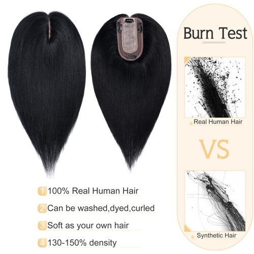 SEGO Human Hair Toppers for Women With Thinning Hair 7 * 13CM Silk Base 100% Real Human Hair Clip in Top Wiglet Hair Pieces -8 Inch No Bangs Jet Black