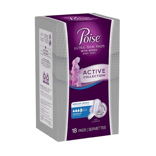 Poise Ultra Thin Pads with Wings Active Collection (Moderate - 18 Pads)