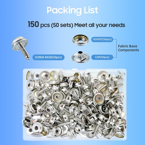 Canvas Snap Kit, Stainless Steel Snaps Marine Grade Snaps for Boat Cover - Snap Kit for Boat Cover 3/8" Socket Metal Snaps Fasteners for Clothing Leather Fabric Canvas150 PCS