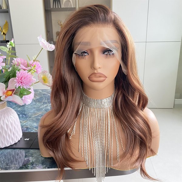 Carkira Wear and Go Ombre Ash Brown Wigs Mixed Chocolate Color Highlight 13x4 Lace Front Wig Loose Body Wave Synthetic Fiber 18Inch Pre Plucked for Women Girls