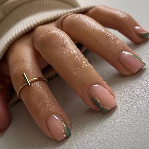 MERVF Square Press on Nails Short Fake Nails Green French Tip Squoval Glue on Nails with Gold Lines Design 24pcs Glossy Acrylic Nails for Women