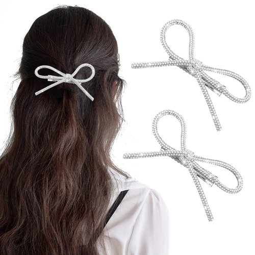 2Pcs Bow Hair Clips, Rhinestone Hair Clips Silver Glitter Crystal Bows Clips for Women, Hair Bow Clips Rhinestones Sparkle Bow Hair Clips Women Mother's Day Gift Suitable for Girls' Date Parties