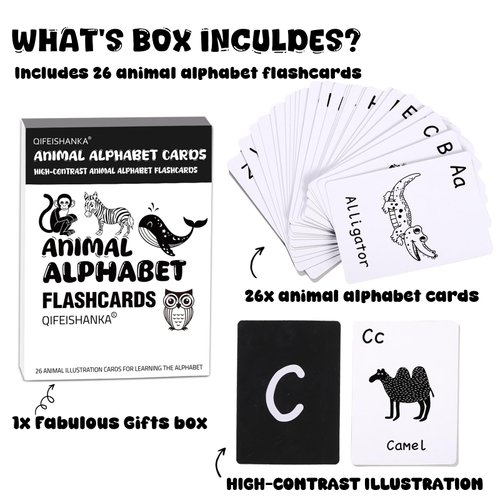 Black and White Animal Alphabet High Contrast Cards for Baby, Educational Alphabet Flash Cards for Infants 0-6 Months, Durable Baby Bath Flashcards for Visual Stimulation and Early Education