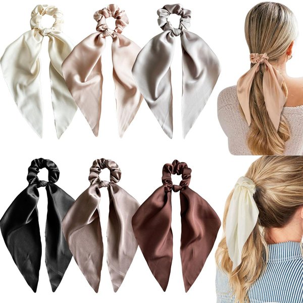 Champagne Silk Hair Scarf with Ribbon Bow Scrunchies for Women Girls, Bow Scrunchies for Hair, Ribbon Hair Ties with Bow, Chiffon Hair Ribbon Long Hair Bands Ties Ponytail Holder