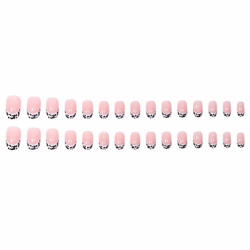 MERVF Short Press on Nails Oval French Tip Fake Nails White Round Glue on Nails with Cow Print Design Glossy 24pcs Artificial Acrylic Nails for Women