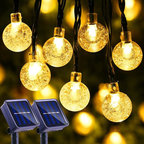 LYHOPE Solar Outdoor String Lights, 2 Pack Total 40ft 60 LED Crystal Ball Waterproof Solar Powered Globe Lights for Garden Patio Bistro Cafe Gazebo Holiday Party Outdoor Decorations (Warm White)