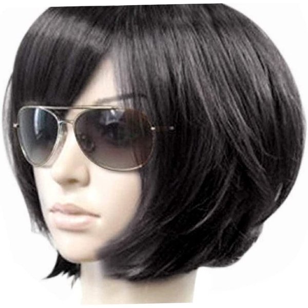 Kalyss Short Straight Bob Wig with Bangs Colorful Wigs Cosplay Party Wig for Women Heat Trsistant Human Hair Blended Wig Halloween Party Cospaly Use (10''Black)