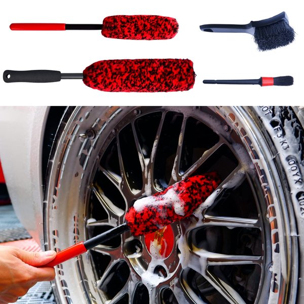 oesee Professional 4 Pack Long Handle Wheel Brush Kit for Cleaning Wheel and Tire- 2X Soft Wheel Cleaning Brush, Detailing Brush and Stiff Tire Brush, Bendable& Durable Wheel Rim Cleaner Brush Set