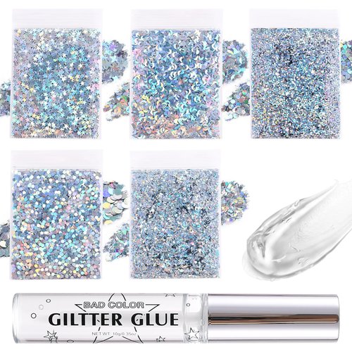 BADCOLOR 5 Packs Silver Body Glitters with Glue Kit, Holographic Chunky Sequins for Face, Body, Hair, Eye Makeup, Nail Art, Loose Glitter for Music Festival Carnival Concert Party Rave Accessories