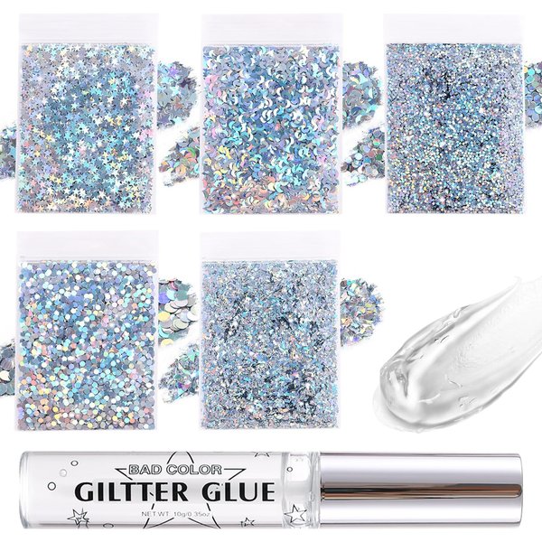 BADCOLOR 5 Packs Silver Body Glitters with Glue Kit, Holographic Chunky Sequins for Face, Body, Hair, Eye Makeup, Nail Art, Loose Glitter for Music Festival Carnival Concert Party Rave Accessories