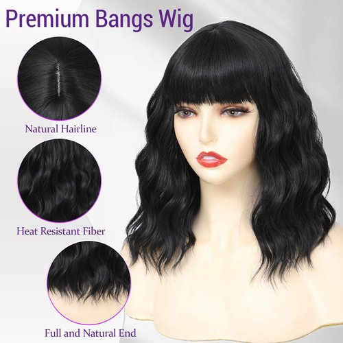 RemyAeki Short Wavy Wigs With Bangs Natural Black Curly Wavy Bob Wigs for Women Medium Length Synthetic Short Bangs Wigs for White Women Shoulder Length 14 Inch