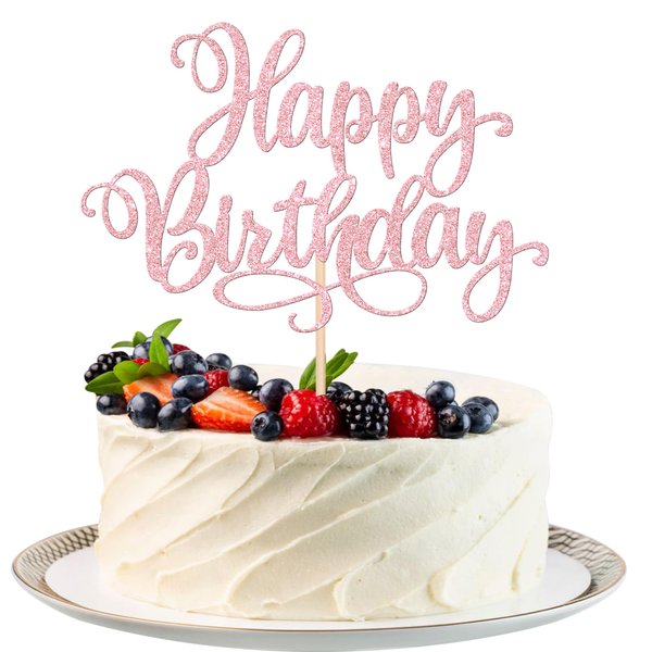 1 PCS Happy Birthday Cake Topper Glitter Happy Birthday Cake Pick Bunting Decor for Anniversary Celebrating Happy Birthday Party Cake Decorations Supplies Light Pink