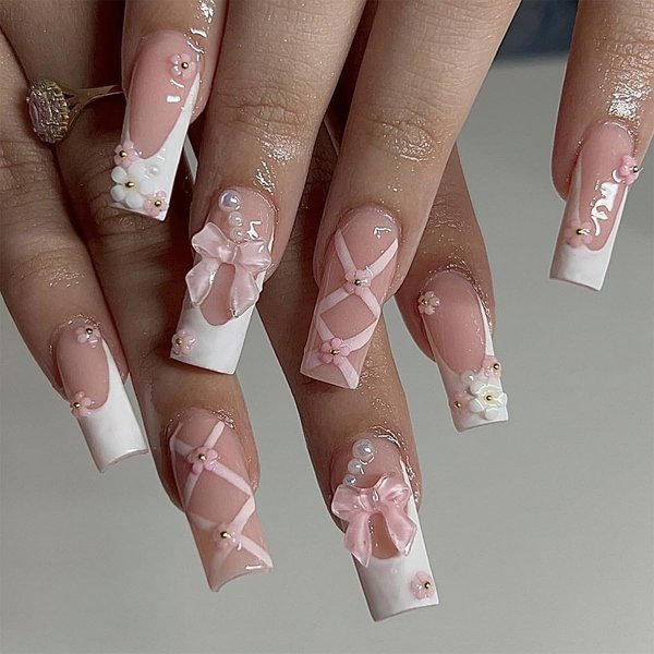 24 Pcs Pink Press on Nails Long Coffin Square - SHANRUN Cute Fake Nails Press ons French Nail Art Tip Glue on Nails Full Cover False Nails with 5D Bow Camellia Charms Design Stick on Nails Acrylic Kit