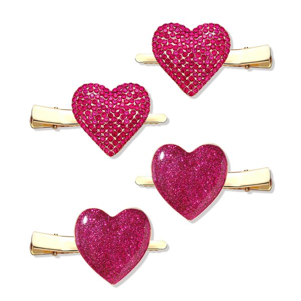 HZEYN 4 Pack Valentines Day Hair Clip Glitter Hot Pink Hearts Alligator Hair Clips Sparkly Hairpins Holiday Hair Accessories for Women Girls Gift (Hot Pink)