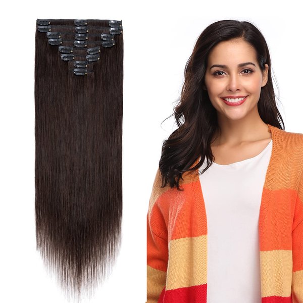 MY-LADY Clip In Hair Extensions 100% Real Human Remy Hair Soft Natural Extension Full Head 8pcs 8 Inch #2 dark brown 65g Short