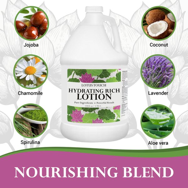 Lotus Touch Hydrating Rich Massage Lotion 100% Pure Jojoba & Coconut Oils plus Herbal Extracts - Unscented - Max Glide, Rich Workability Without Stickiness - Deep Tissue Massage - 1 Gallon