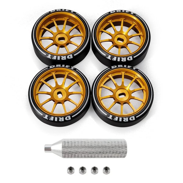 Abendor 10 Spoke Rc Drift Wheels &Tires for 1/24 1/28 Wltoys, [2N+2W] 4 Pcs Aluminum Alloy Rims with Rc Drift Car Tires for 1/24 1/28 Mini-Q HGD1 HGV1 Upgrade Parts (Gold with Logo Tires)