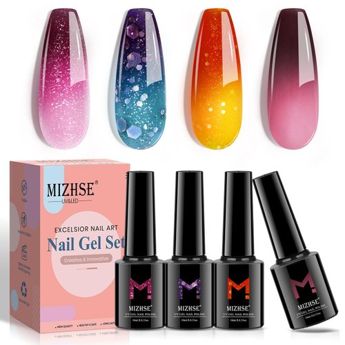 MIZHSE Color Changing Gel Nail Polish Burgundy Purple Orange, Mood Temperature Change 4 Color Gel Polish Soak Off Nail Art for Home Salon Thermal Manicure Set for Ladies 10ml