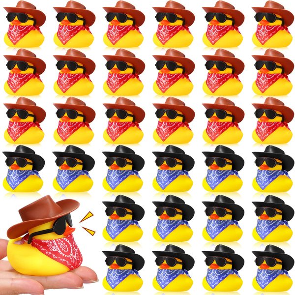 36 Set Cowboy Rubber Duck Mini Yellow Duckies Bath Party Toy Tiny Ducks Bathtub Toy with Cowboy Hat Paisley Bandanas Sunglasses for Summer Baby Shower Birthday Swimming Party (Vintage Style)