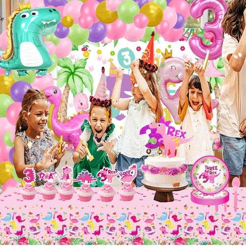 Pink Dinosaur Party Supplies For Girls 3rd Birthday Decorations Pink Three Inspired Rex Dinosaur Balloons Banner Dino Cake Topper Cupcake Toppers Girls 3rd Pink Dinosaur Decor