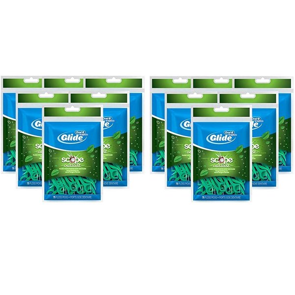 Oral-B Complete Glide Dental Floss Picks Plus Scope Outlast, Long Lasting Mint, 75 Dental Floss Picks, (12-Pack)