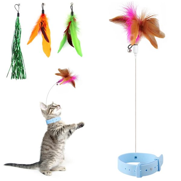 Otunrues Cat Feather Collar Toys, Interactive Cat Toys for Indoor Cats Teasing Wand Collar Funny Cat Toy with Bell and Replaceable 3 Feathers Refills Multiple Ways for Cats to Play(Blue)