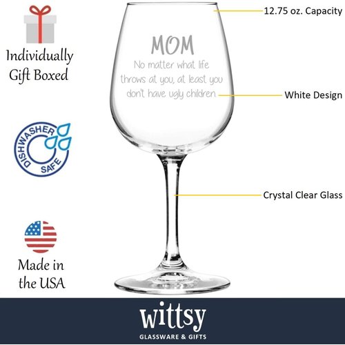 Mom No Matter What, Ugly Children Funny Wine Glass - Birthday Gifts for Mom, Women, Wife - Best Mom Gifts from Son, Daughter, Kids - Cool Bday Present Idea for Her - Novelty Mom Wine Gift