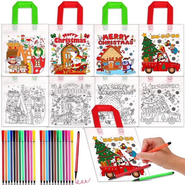 HOWAF 12 Pcs Christmas DIY Coloring Gift Bags xmas Goodie Bags with Paint Pens, Christmas Tree Stocking Coloring Candy Bags Christmas Reindeer Reusable Non-Woven Gift Bag for Xmas Party Supplies Activity