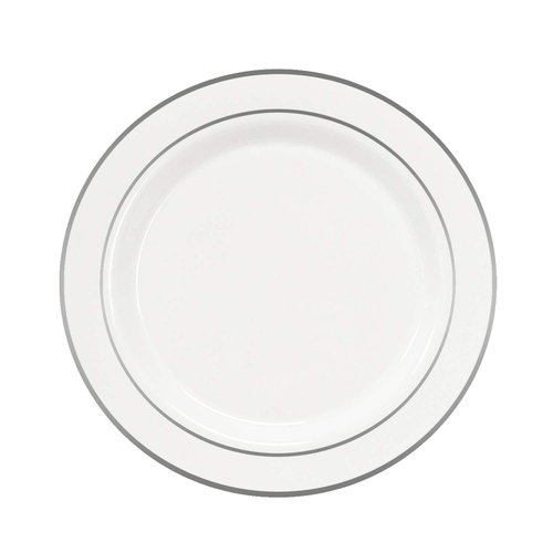 Party Essentials 12-Count Hard Plastic 7.5" Divine Dinnerware Disposable China Salad/Dessert Plates, White with Silver Band