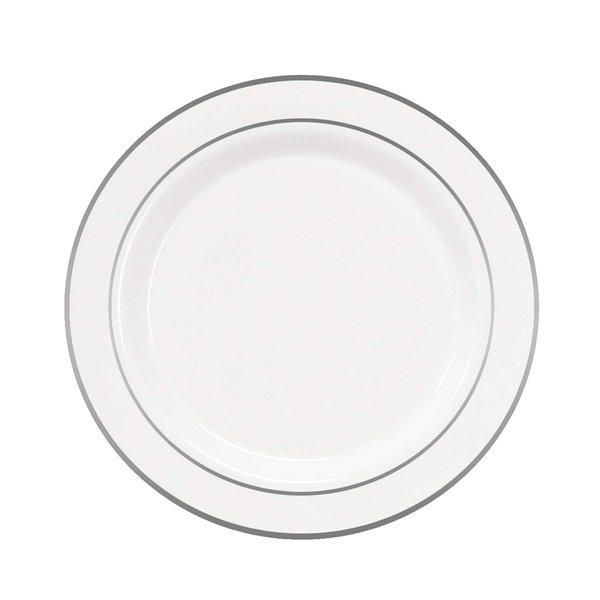 Party Essentials 12-Count Hard Plastic 7.5" Divine Dinnerware Disposable China Salad/Dessert Plates, White with Silver Band