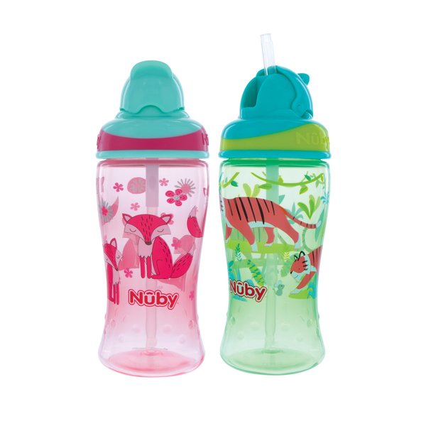 Nuby 2-Pack Thirsty Kids No-Spill Flip-it Printed Boost Cup with Thin Soft Straw - 12oz, 18+ Months, 2-Pack, Pink Fox & Green Tiger