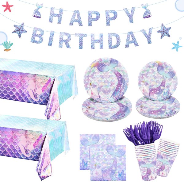 Mermaid Party Decorations, Mermaid Theme Party Supplies for 24 Guests, Disposable Mermaid Party Decorations Tableware Set, Plates, Napkins, Cups, Tablecloth with Banner