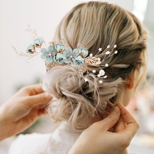 NUOBESTY 4Pcs Wedding Hair Clip Comb Handmade Bridal Hair Clip Pearl Floral Leaf Hair Accessories for Women Wedding ( Green )