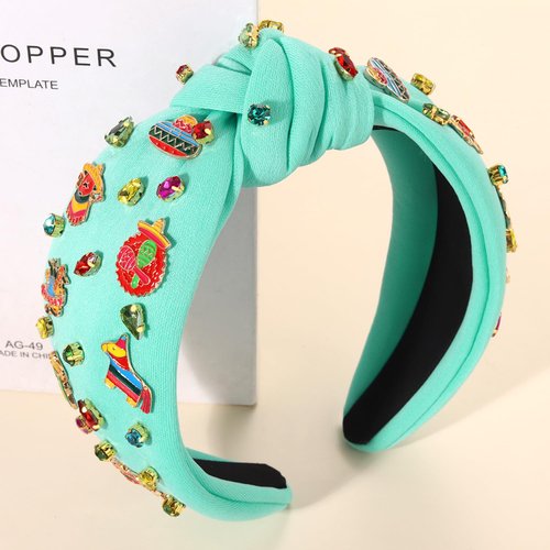 Mexican Headband for Women Cinco De Mayo Headband Beaded Fiesta Knotted Headband Embellished Rhinestone Crystal Wide Top Knot Headband Mexican Holiday Hair Accessory Party Favors Gifts (Green)