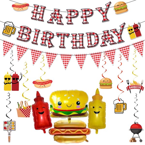 BBQ Picnic Themed Birthday Party Decorations,Barbecue Picnic Birthday Banner Hanging Swirls for Birthday Party Decor Supplies