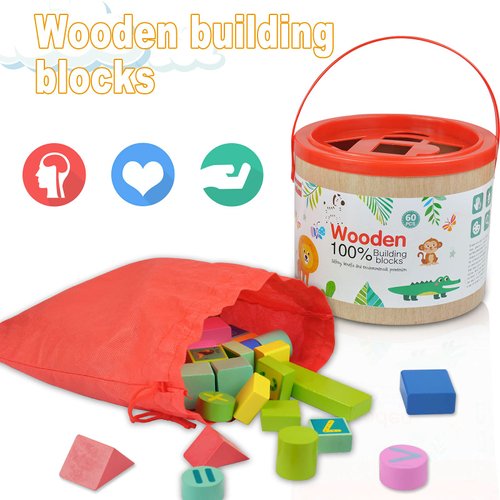 auryee Wooden Building Blocks Toys 60 PCS Toddler Stacking Toys Pre-School Learning Educational Toy for Kids | Baby | Boys | Girls Age 3 4 5 6 7 8 Year Old