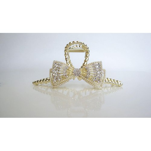 Long one sided crystal bow gold metal hair claw clip for medium thick hair