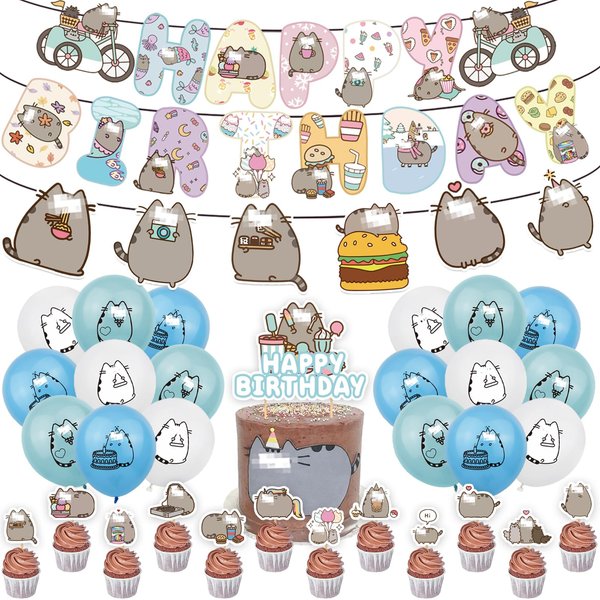 50Pcs Cat Theme Birthday Party Decorations,Party Supplies Include Banner, CakeToppers, Cupcake Toppers, Balloons,Hanging Swirls,Party Supplies Set
