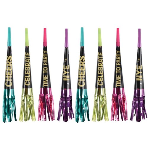 Assorted Colors Starlight Foil Fringed Horns (Pack of 8) - 9" - Reusable and Handy Noisemakers - Ideal for Themed Events & New Year's Eve Celebrations