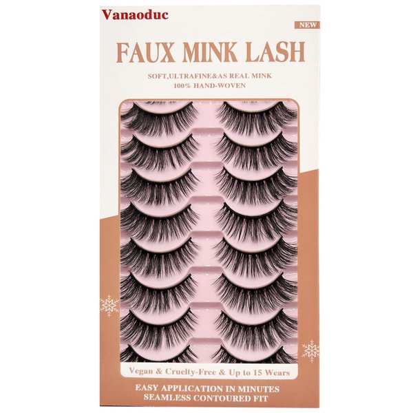 VANAODUC False Eyelashes 3D Natural Cat-eye Wispy Faux Mink Lashes, Lightweight & Comfortable, Reusable, Cruelty-Free, 10 Pairs Fake Eyelashes,Eye Lashes Length Range of 9-14MM
